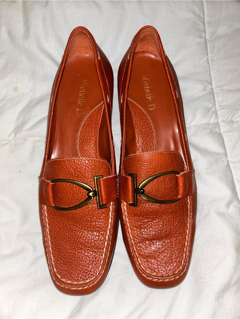 Michelle D Rust Orange Pebbled Leather Loafers with Gold Buckle